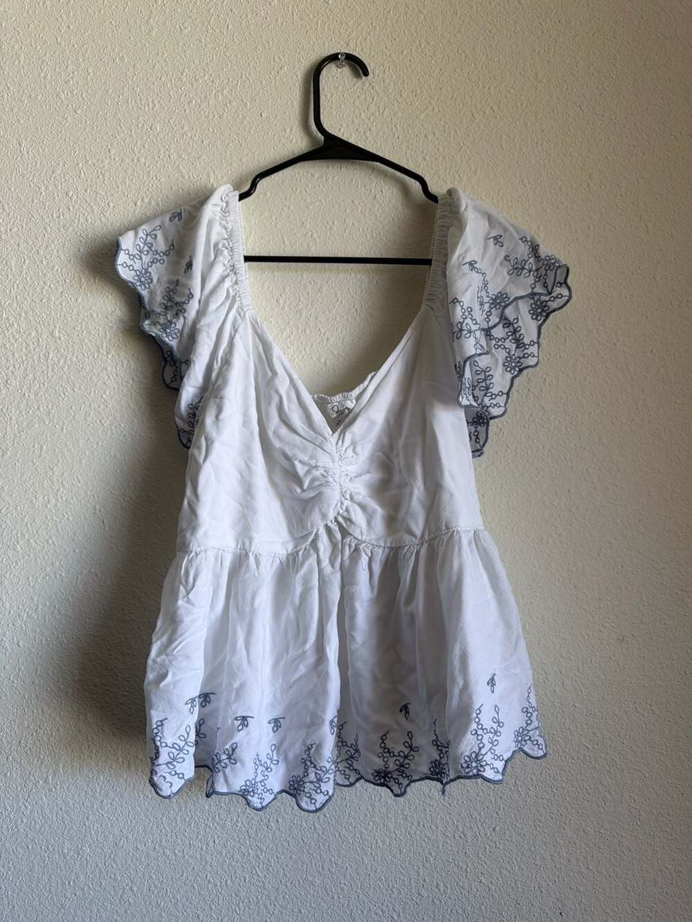 Embroidered Flutter Sleeve Peplum Top Size XL